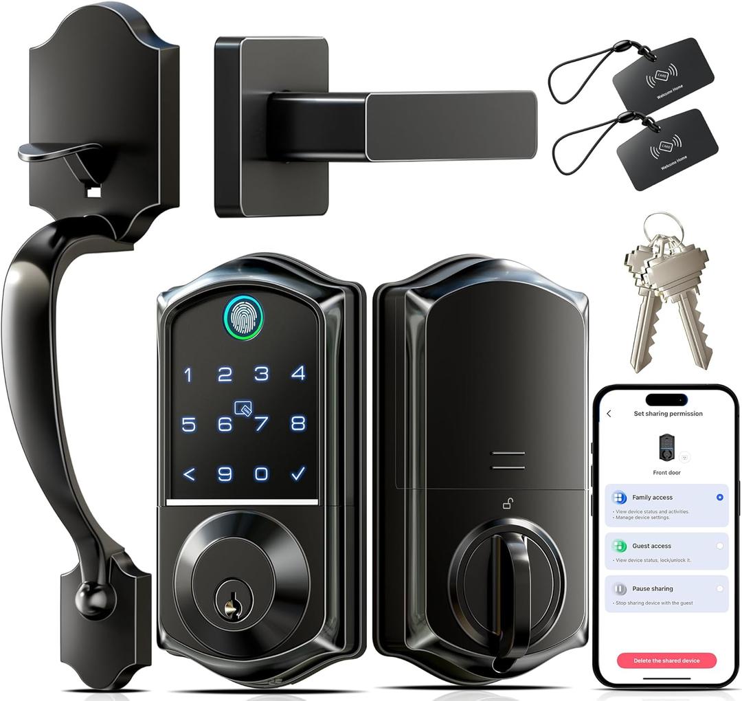 Veise VE017-H Fingerprint Smart Front Door Lock Set, App Control, Keyless Entry Deadbolt with Handle, Smart Deadbolt, Emergency Power Port, Touchscreen Keypad, Auto Lock, Easy Install, Matte Black