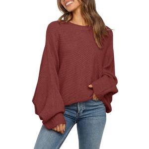 Mafulus Women's Oversized Crewneck Sweater Batwing Puff Long Sleeve Cable Slouchy Pullover Jumper Tops (Large, 1-Brick Red)