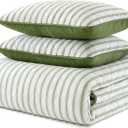 Martha Stewart - King Quilt Set, 100% Soft & Breathable Bedding with a Lightweight Feel for Year Round Comfort, 3 Piece Bed Set with Matching Pillowcases (Ticking Stripe Green)