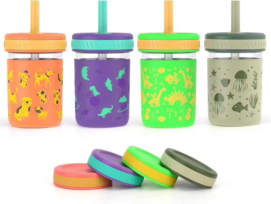 Sursip Toddler Glass Cups with Straw, Spill-Proof Kids Mason Jar Food Storage with Lids, Sippy Cups for Drinks, Smoothies, Snacks, Milk Cup [4 Pack] 8 oz 2-in-1 (Dog/Cosmic Dino/Jungle Dino/Ocean Realm)