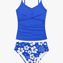 Girls Swimsuit 2 Piece Bathing Suit Criss Cross Ruched Girl Tankini Sets Printed Girls' Swimwear Blue for 15-16 Years