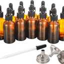 12 Pack, 2 oz Glass Dropper Bottle with 3 Stainless Steel Funnels & 1 Long Glass Dropper - 60ml Amber Tincture Bottles with Eye Droppers for Essential Oils, Liquids - Leakproof Travel Bottle