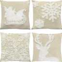 WOMHOPE Christmas Throw Pillow Covers Velvet Embroidery Vintage Cushion Covers for Decoration Sofa Couch Bed Santa Deer Snowflake Set of 4 (Griege)