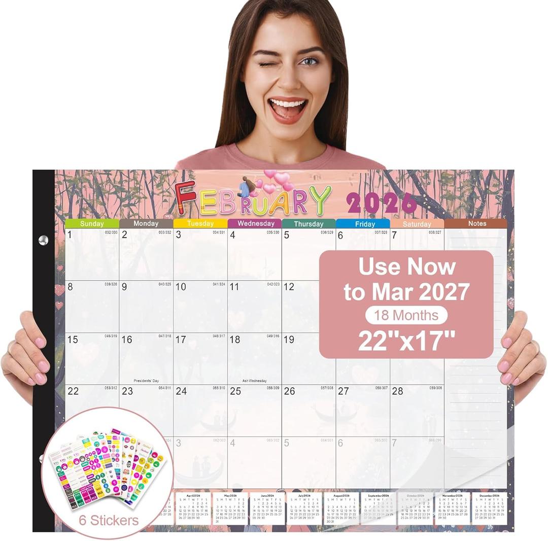 Gannyfer Desk Calendar 2026-2027, 18-Month Large Desk Calendar, Use Now Until March 2027, 22" x 17" Desktop Pad Calendar, with Notes Section, Thick Paper, Large Grid Layout (6 Stickers Included)