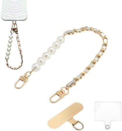 KEESOO Original Korean Chic Pearl Gold Leather Phone Charm, Versatile with Premium Gold Metal Phone Tab (Lustrous Silver)