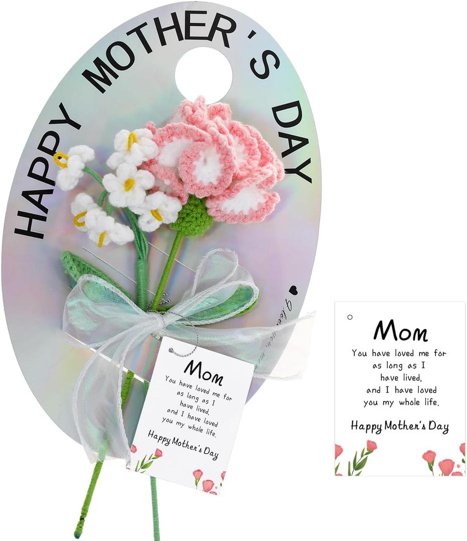 MSEHKM Handmade Crochet Flowers for Mom with Heartfelt Cards Handmade Knitted Flower Bouquet