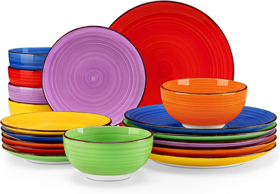 Vancasso Bonita Dinnerware Set Muticolor Stoneware 18 Pieces Service for 6, Handpainted Spirals Pattern Stoneware Plates and Bowls Set