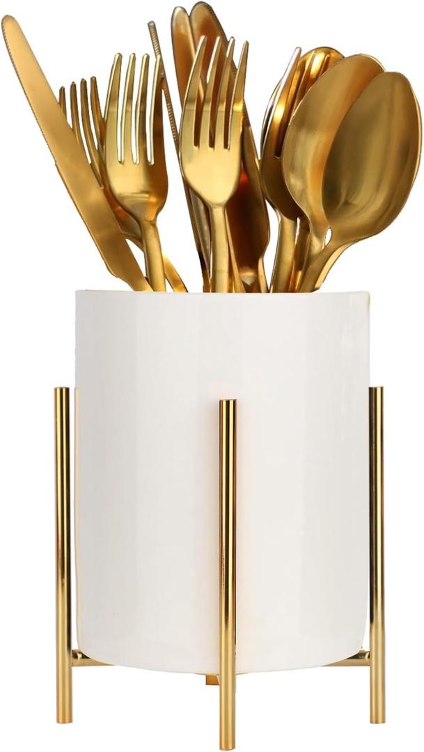 Silverware Holder,Kitchen Utensil Holder,Flatware Organizers With Metal Frame, Mesh Flatware Holder Organizer Perfect for Home, Kitchen, Countertop, Party, Camping, Outdoor and Restaurant (White Gold) 4.3"