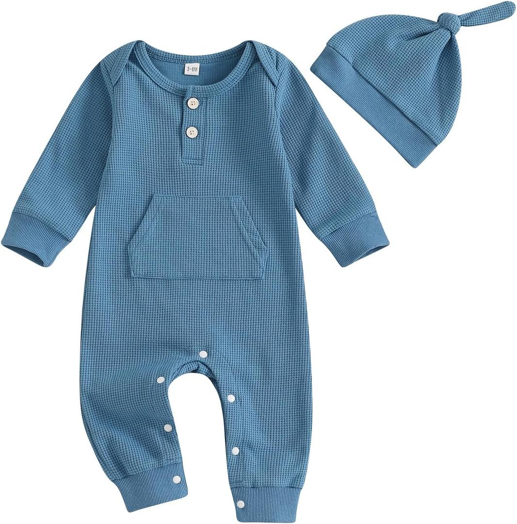 Kuriozud Newborn Infant Unisex Baby Boy Girl Clothes Button Romper Jumpsuit Basic One Piece Outfits (0-3 Months, Long Sleeve With Hat Blue)