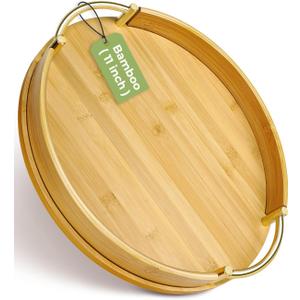 JUPELI 11.8 Round Bamboo Serving Tray with Handles  Decorative Tray, Breakfast Tray, Coffee Table Tray, Ottoman Tray, Kitchen Platter for Drinks, Snacks, Vanity, Home Decor & Gifts