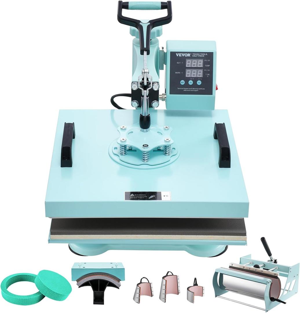 VEVOR 15x15 Heat Press Machine 8 in 1 Combo with 30 OZ Tumbler Press & Hat Press, Slide Out Heat Press Sublimation Machine for T-Shirts, Hats Caps Tumblers Glass Cans Mugs, and Plates (Light Green)