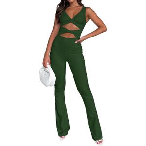 Annystore Women Sexy Sleeveless Bodycon Jumpsuit Twist Knot Cut Out Tank Top Flare Pants One Piece Outfits Romper Y2K Party Clubwear Green S