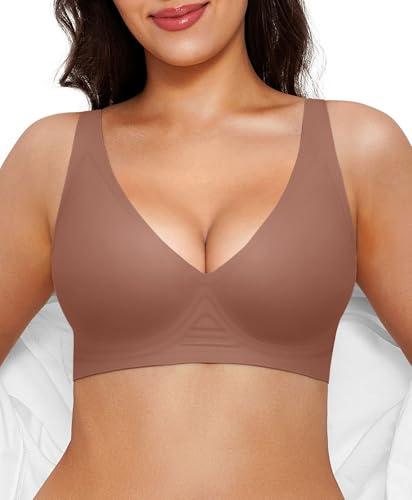 Wireless Bra Pushup Bras for Women Seamless Bras with Support and Lift Comfortable Bralettes No Underwire Deep V Tshirt Bra Coffee, XL
