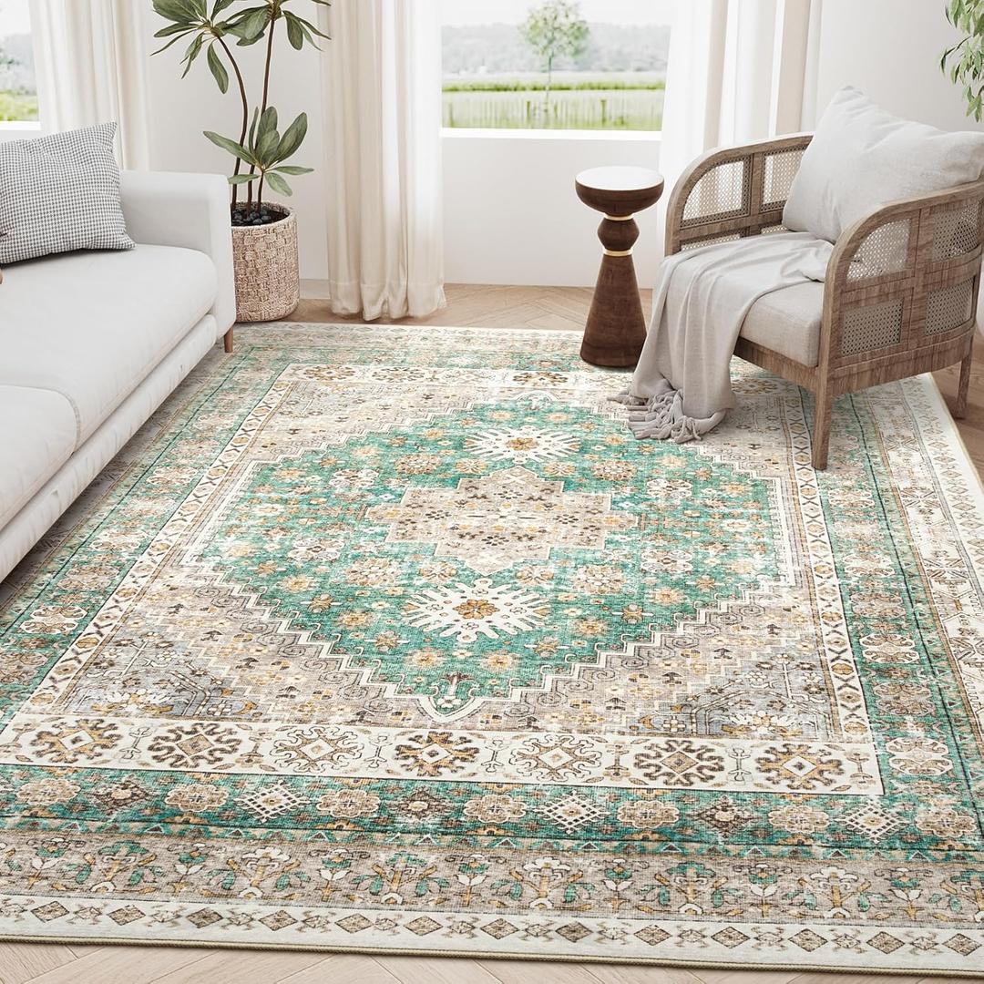 zesthome 5x7 Area Rugs - Ultra-Thin Washble Rug, Stain Resistant Anti Slip Backing Rugs for Living Room,Bedroom, Vintage Home Decor Area Rug (Green/Brown,5'x7') (5' x 7' (Rectangular))