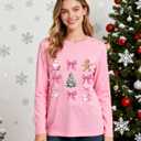 Christmas Shirts for Women Retro Pink Santa Vintage Cute Christmas Tree and Bow Graphic Xmas Vacation Tees Top (Pink, M)