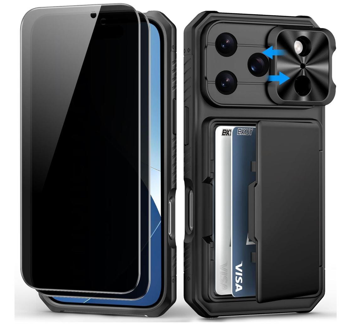 BXYJY for iPhone 17 Pro Case Wallet，2 Privacy Screen Protectors, Card Holder (45 Cards), Slide Camera Cover, Military Grade Drop Prortection, Heavy Duty Men Women Phone Case for iPhone 17 Pro, Black