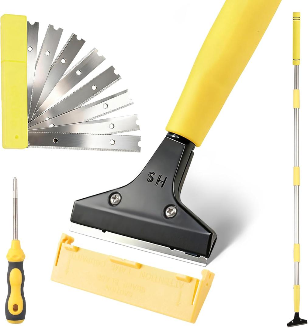 4"Razor Blade Floor Scraper with Long Handle,61in Adjustable Floor Scraper Heavy Duty with 10PCS Extra Metal Blades Paint Scraper for Cleaning Stickers Gum Glass Wall Tile Linoleum Stove Top