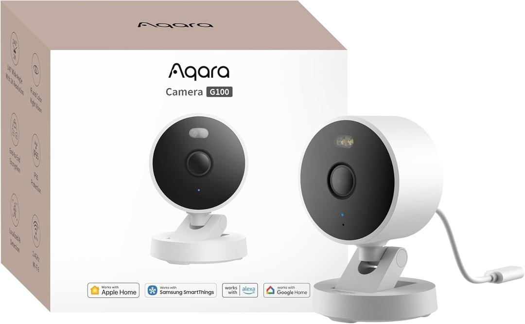 Aqara G100, 2K Indoor/Outdoor Security Camera, HomeKit Secure Video, 2-Way Audio, Spotlight Color/IR Night Vision, AI Detection, 140° FOV, Wi-Fi 6, Supports HomeKit, Alexa, Google and IFTTT, White