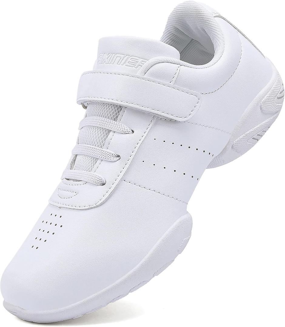 BAXINIER Girls White Cheerleading Dance Shoes Athletic Training Tennis Breathable Youth Competition Cheer Sneakers (4 Big Kid)