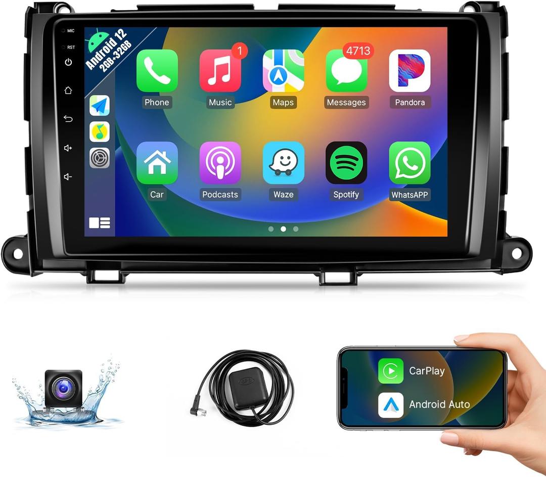 Naifay Car Radio Stereo for Toyota Sienna 2011-2014 with Wireless CarPlay Android Auto, 2+32G 9inch IPS Touch Screen for Sienna Stereo with Bluetooth/FM Receivers/GPS/WiFi/SWC/Split Screen/Mirrorlink