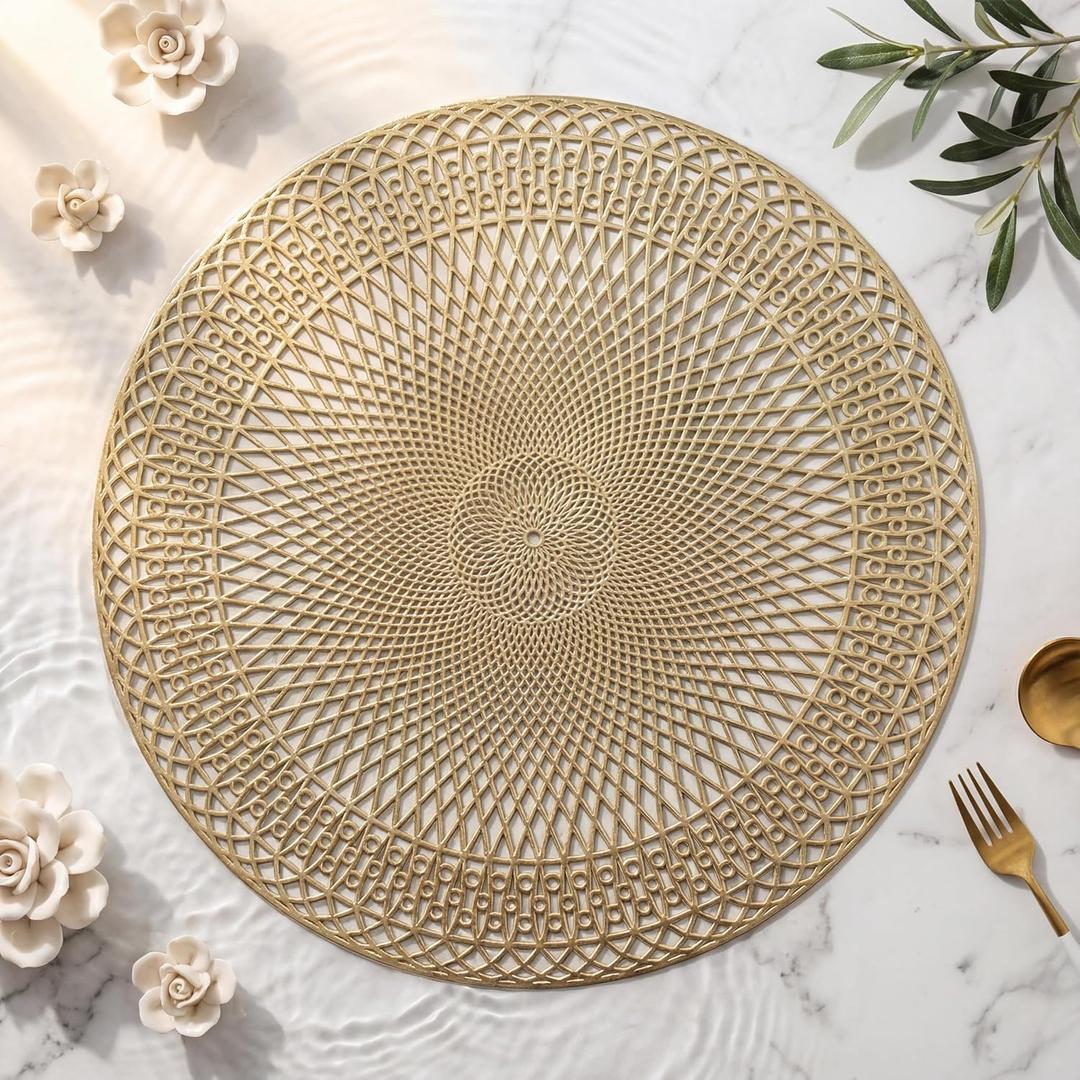 12 Pack Wedding Gold Place Mats 15'' Hollow Out Pressed Vinyl Metallic Round Placemats Washable Heat Resistant Non Slip Table Mats for Boho Dinner Party Table Centerpiece Dining Decoration