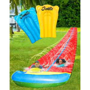 JAMBO 32FT Extra Extra Long Slip Splash and Slide and 2 Bodyboards, Heavy Duty Water Slide with Inflatable Crash Pad, Double Lane Slip Slide, Outdoor Backyard Water Slides n Toys for Kids (32FT XXL Slide, Double Lane Central Channel)