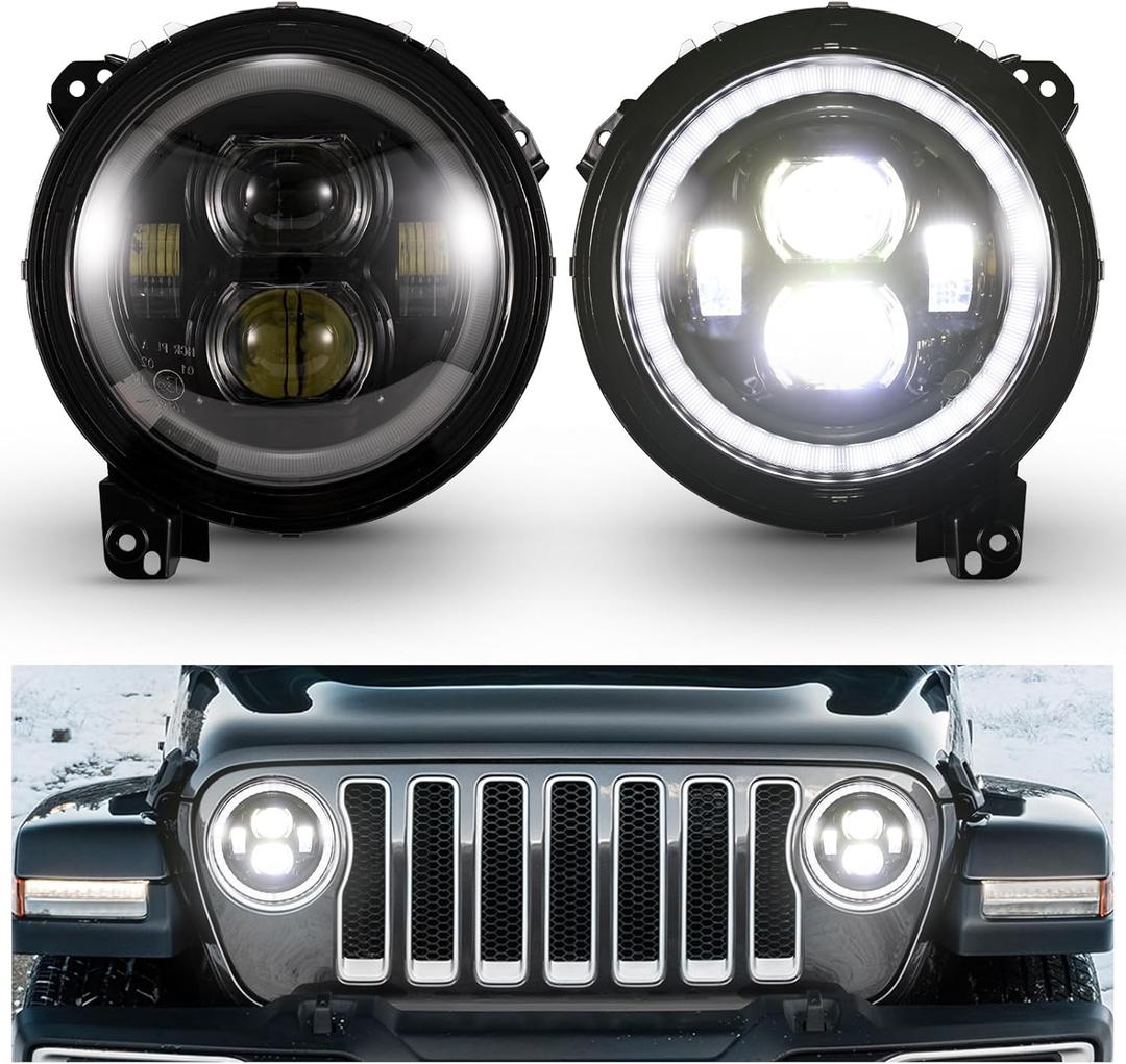 Kiwi Master LED Headlights for 2020-2025 Jeep Gladiator JT, 2018-2025 Jeep Wrangler JL/4xe Accessories Halo DRL 9 Inch Round Headlight with Daytime Running Lights