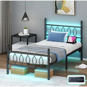 Twin Size Bed Frame with Headboard,Black Metal Platform Bed Frame Twin Size with Charging Station & LED Lights,12-Inch Under Bed Storage,No Box Spring Needed,Noise Free,Easy to Assemble