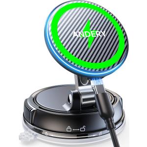 ANDERY Only for iPhone Magsafe Car Mount Charger [15W Wireless Faster Charging, 78+LBS Strongest Suction, 2400gf Strongest Magnetic] 360 Adjustable Car Phone Holder, Phone Holders for Your Car, Black