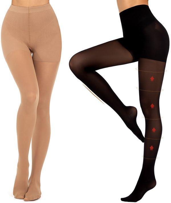 MANZI 2 Pairs Compression Pantyhose for Women Shaping Black Tights 10-15mmHg Support 50D Opaque Stockings (XL)