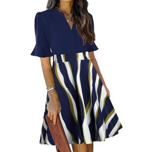 Mokayee Womens Summer V Neck Ruffle Short Sleeve Fit and Flare Knee Length Church Wedding Guest Dresses with Pockets (Small)