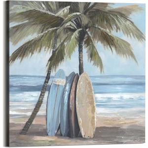 Coastal Canvas Wall Art Picture: Abstract Beach Scene Tropical Print Surfboard Palm Tree Painting Ocean Sea Artwork Decor for Bedroom Home Office 24 x 24 Inch