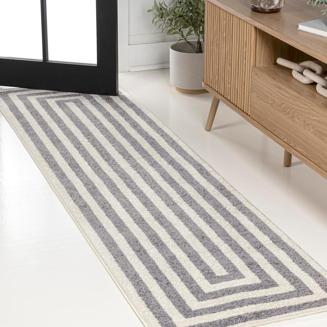 JONATHAN Y Bandol Mitre Stripe Gray/Ivory Runner Rug, 2x8, Modern, Classic, Geometric, Easy-Cleaning for Living Room, Bedroom, Kitchen, Pet Friendly, Non-Shedding (MOH211E-28)