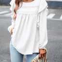 PRETTYGARDEN Women's Long Sleeve Shirts Ruffle Swiss Dot Crochet Loose Fit Tunic Dressy Casual Tops Blouses Spring Fashion (White, XS)
