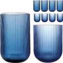Set of 8 Ribbed Glassware,4 Highball Glasses 14oz & 4 Rocks Drinking Glasses 9oz, Origami Style, Fluted Design, for Milk, Water, Cocktail, Juice, Beer, ToothBrush Cup, Gif (Blue)