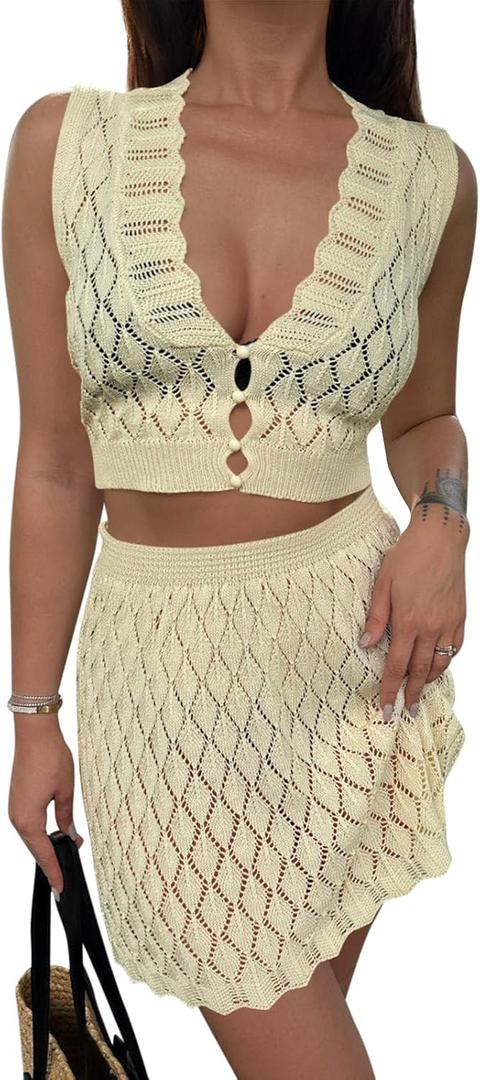 Saodimallsu Womens Two Piece Crochet Swimsuit Cover Ups Sleeveless V Neck Crop Tops Skirt Sets Beach Vacation Outfits (Small, Beige) Saodimallsu Womens Two Piece Crochet Swimsuit Cover Ups Sleeveless V Neck Crop Tops Skirt Sets Beach Vacation Outfits (Small, Beige)