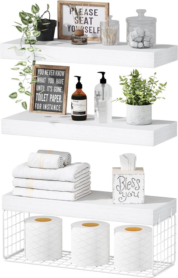 QEEIG Bathroom Shelves Over Toilet - Wall Mounted Floating Shelves Toilet Paper Storage Small Farmhouse Decor Shelf 16 inch Set of 3, White (019-W3)