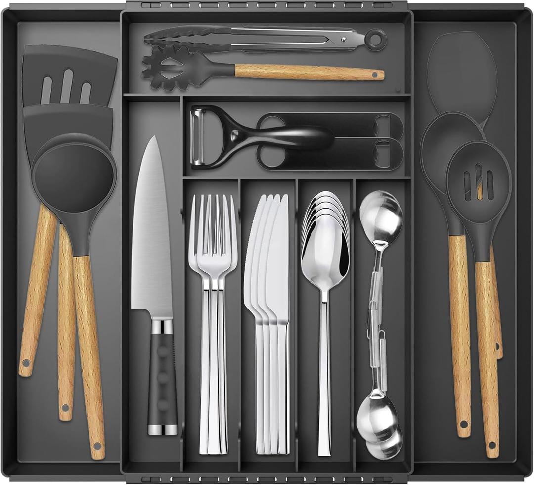 Silverware Organizer, Expandable Kitchen Drawer Organizer, Adjustable Cutlery Organizer, Forks, Knifes, Multipurpose Storage Divider(7-9 Slots), Large, Black