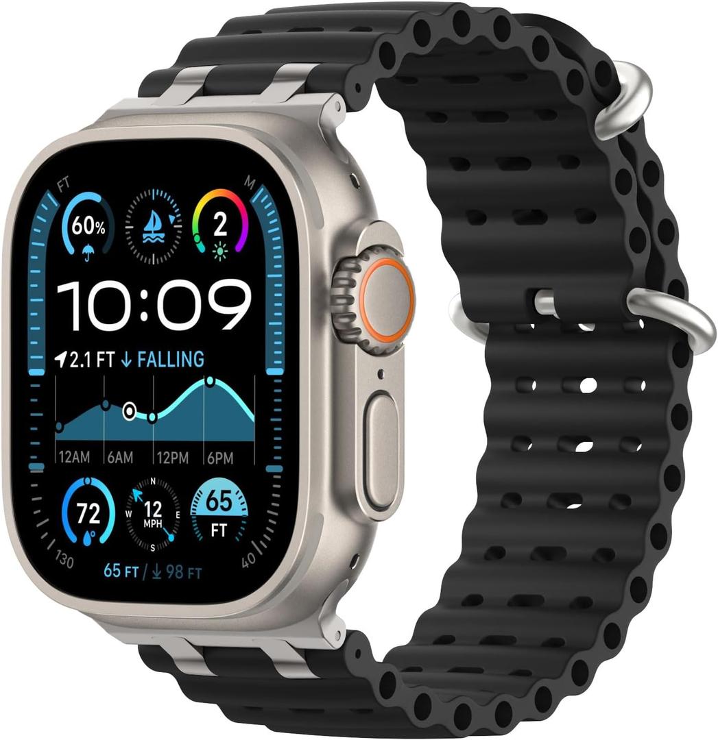 Astorgos Upgraded Ocean Band Compatible with Apple Watch Ultra 3/2/1 49mm, S11/S10 46mm, 9/8/7 45mm, SE3/SE2/SE/6/5/4 44mm, 3/2/1 42mm, Metal Connector Breathable Sport Watch Strap for Men Women (Regular, A-Silver/Black)