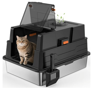 Extra Large Enclosed Stainless Steel Cat Litter Box with Lid - XXXL Giant Metal Enclosed High Sides Litter Boxes for Multi-Cat Households and Overweight Cats - Black