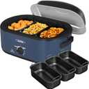 Sunvivi 20QT Roaster Oven, Electric Roaster with 3 Compartments, Turkey Roaster Oven with Self-Basting Lid, Removable Pan & Rack, Defrost & Warm Function, Fit Turkey Up to 24LB, Stainless Steel, Blue