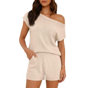 Tankaneo Womens Off The Shoulder 2 Piece Outfits Sweater Sets Shorts Casual Matching Lounge Sets 2025 XL
