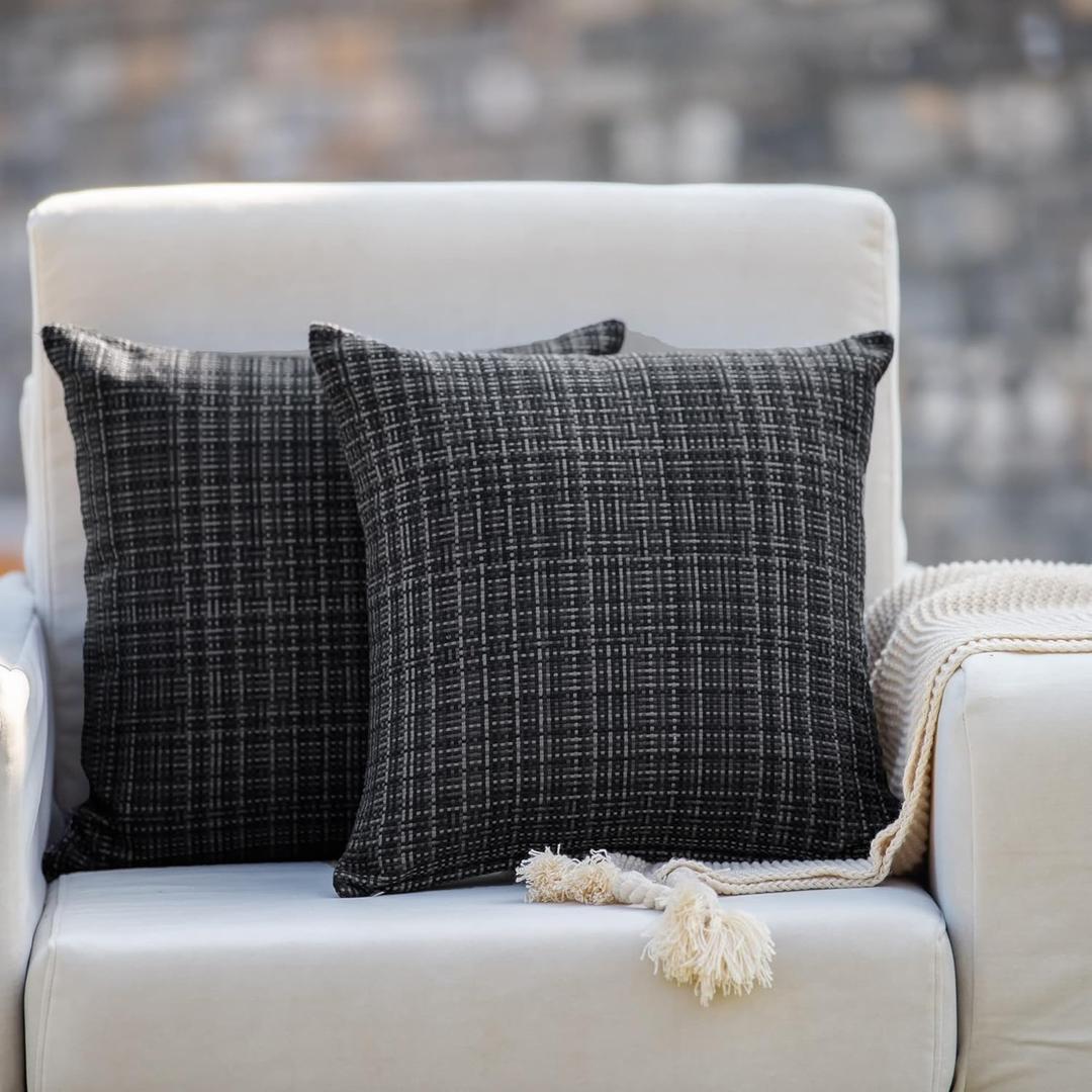 HPUK Farmhouse Outdoor Waterproof Throw Pillow Covers Pack of 2, 20x20 Inch Decorative Garden Cushion Covers for Patio Tent Balcony Bench Tent Couch Sofa, Solid Accent Pillow Covers, Black