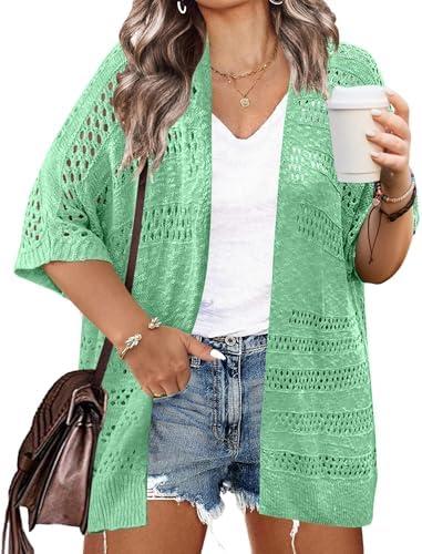 IN'VOLAND Plus Size Lightweight Crochet Cardigan for Women Short Sleeve Summer Kimonos Boho Open Front Knitted Cardigans,Size 6