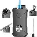 5-In-1 Torch Lighter with Tool, Holder, Punch, Draw Enhancer Tool, Double Jet Flame, Windproof Lighters, Gifts for Men, Rechargeable Refillable Butane Lighter, Cool Lighters for Men Candles (Gray)