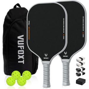 Pickleball Paddles Set of 2, Lightweight Raw Carbon and Glass Fiber Surface Pickleball Racket Set with 14mm PP Honeycomb Core, USAPA Compliant, 4 Pickle Balls, 4 Tapes, 1Bag, 1 Paddle Cleaner