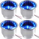 4PCS Boat Cup Holder, Stainless Steel Boat Cup Holder Insert, Blue Led Cup Holder Lights for Boat with Drain, 12V Waterproof Drink Holder, Night Mood Lighting Cup Holders for Marine, Boat, RV, Camper