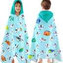 VOOVA & MOVAS Kids Beach Towels with Hood,(3-8 Years, 30''X50),Absorbent 100% Cotton Towel Wrap for Boys, Perfect for Toddler Beach, Pool, Bath, Swimming, Fish