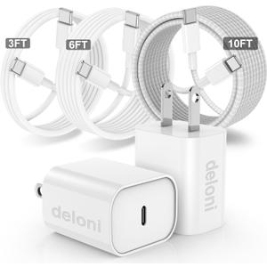 New iPhone 15 16 Chargers Fast Charging, 2Pack 20W USB C Wall Charger for iPhone 16 Pro Max with 3Pack [10FT+6FT+3FT] USB C to USB C Cable Compaitble with iPhone 16/16 Plus/15/15 Pro Max/iPad Pro (White)