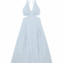 A Stylish Women’s Halter Maxi Dress Featuring A Deep V-Neck, Adjustable Tie Straps, Open Side Cutouts, And A Flattering High-Waisted Silhouette, Size M